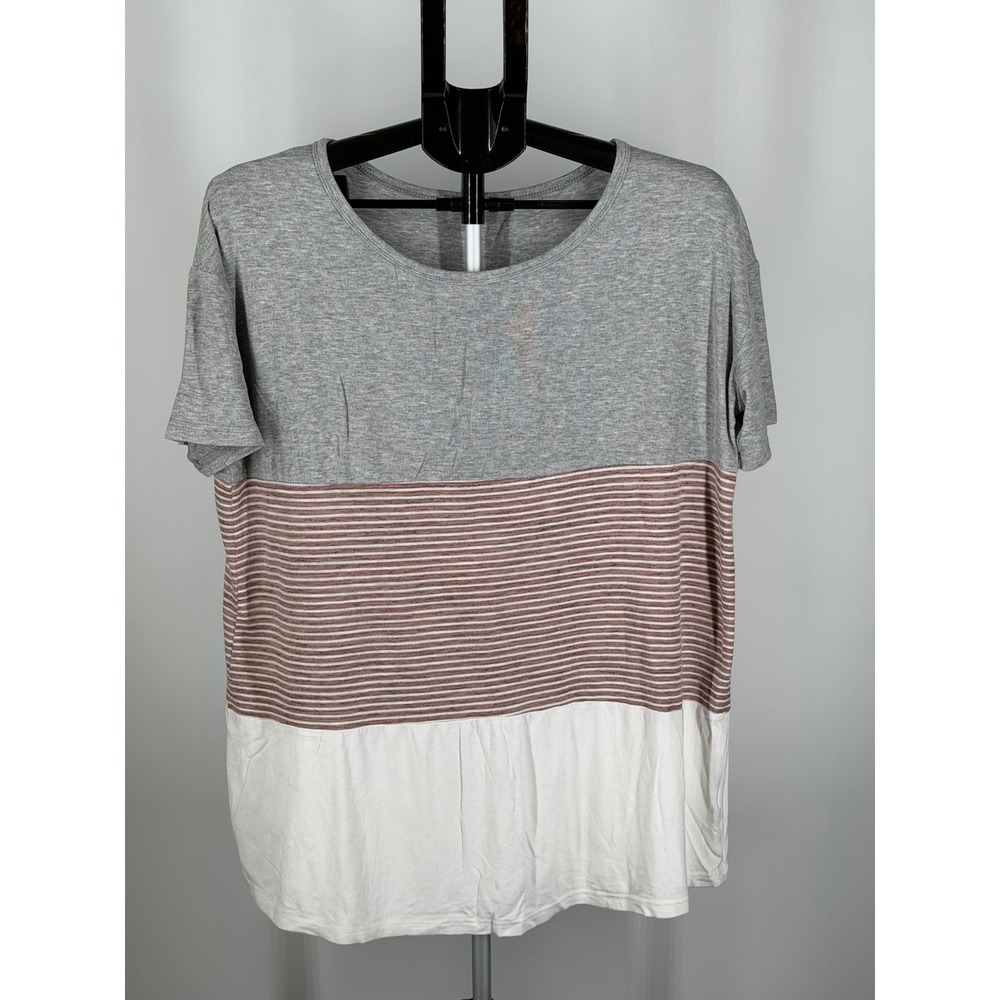 Easel Womens Medium Colorblock Striped Short Sleeve Top Grey Burgundy White